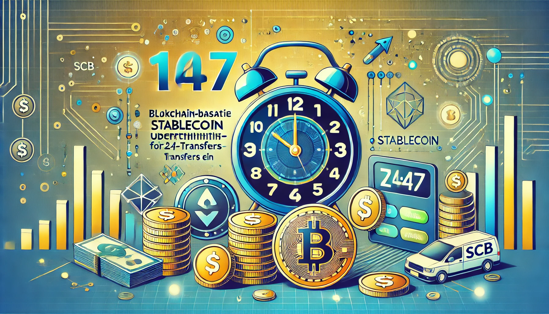 create an image for a blog article (16:9 format) for the title: Thailands SCB führt blockchain-basierte Stablecoin-Überweisungen für 24/7-Transfers ein